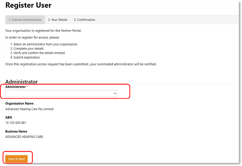 Register user page in Partner Portal